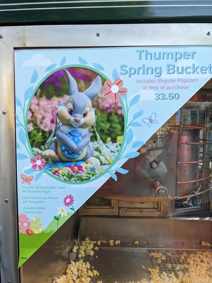 Sign for Thumper popcorn bucket. $33.50, includes regular popcorn at time of purchase.