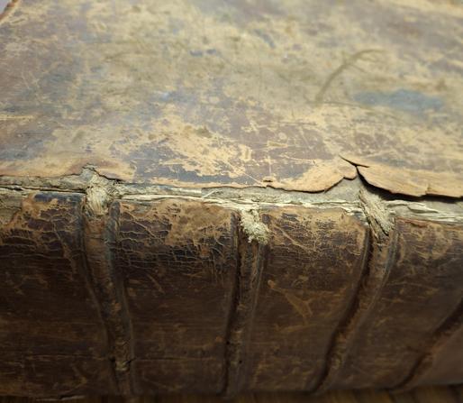 Ein brauner, stark beriebener Buchrücken aus Leder. Die Bindung ist angerissen.