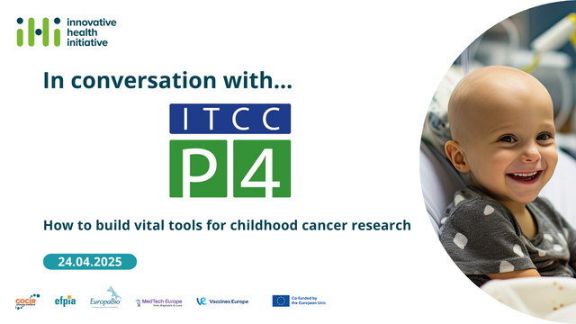 Card advertising the In conversation with ITCC-P4 webinar. Includes an image of a smiling child with cancer. 