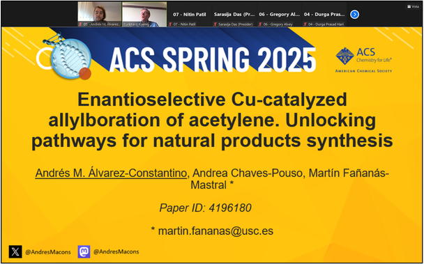 Slide from a PowerPoint presentation from the ACS Spring 2025 meeting. The title of the presentation is: Enantioselective Cu-catalyzed allylboration of acetylene. Unlocking pathways for natural products synthesis. 