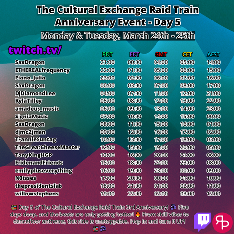 A list of the artists performing in today's Cultural Exchange Raid Train over a background of pink, purple, blue, and greeny-blue waves.  All the details in your timezone can be found by visiting https://wopi.tv/en/tce