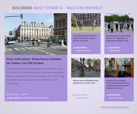 Der Screenshot verweist auch verschiedene Beiträge zum Fußverkehr, zum Parken und zum Radverkehr  