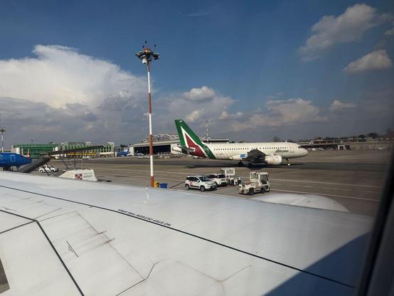 An Alitalia-liveried jet on the apron at Milan Linate airport