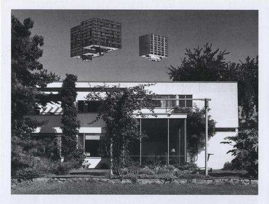 Black and white collage of two apartment buildings hovering in the sky above a modern house on a sunny day in summer.