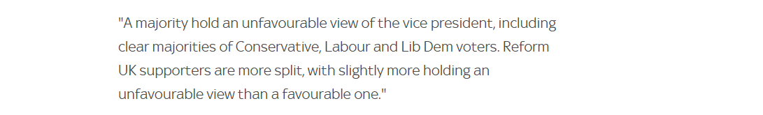 "A majority hold an unfavourable view of the vice president, including
clear majorities of Conservative, Labour and Lib Dem voters. Reform
UK supporters are more split, with slightly more holding an
unfavourable view than a favourable one."
