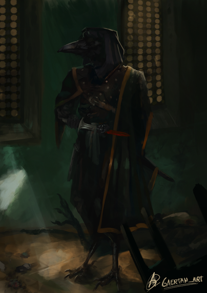 Digital illustration depicting an indoors "afterbattle" scene, with an anthropomorphic raven, wearing a gambeson and some assasin-like clothing, covered in a green cloak with a golden trim. The crow is cleaning a bloody short sword. Furniture can be seen scattered around, and another anthropomorphic bird is laying on the floor behind them.