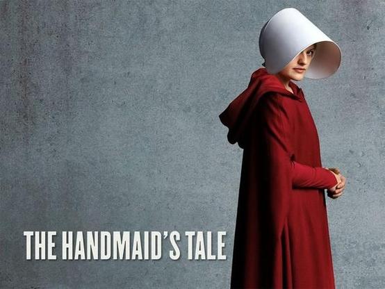 A publicity image for the aforementioned TV series, which I've never actually watched. Sounds too darn depressing tbh. Anyway in white looking Helvetica script it says "The Handmaid's Tale" at bottom of rhs then in profile wearing a red robe and a headpiece that looks like a macro diffuser, hence joke, covers most of the lead actress's face. 