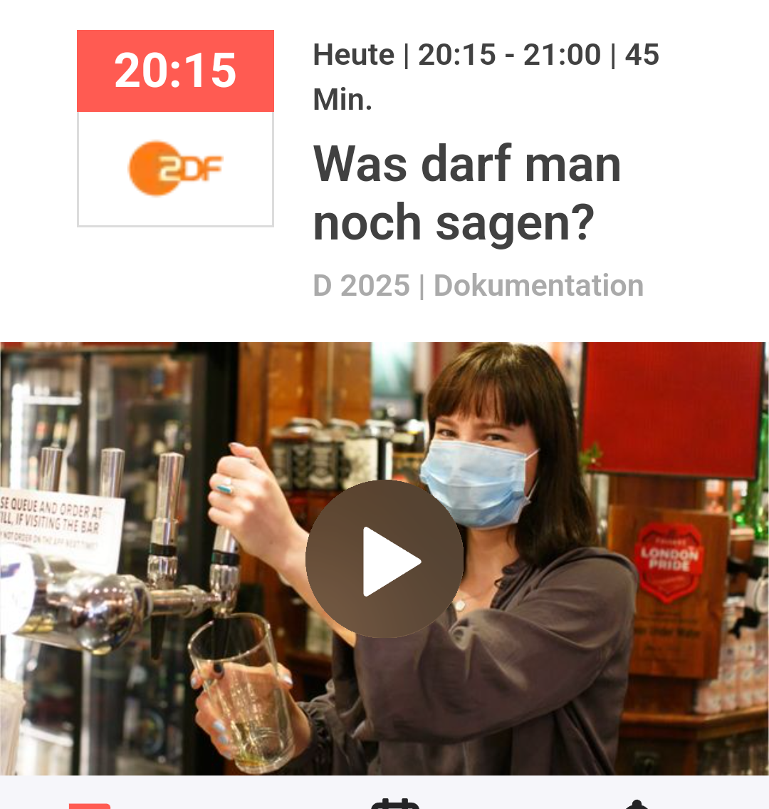 Heute wird wieder im ZDF gefragt: was darf man noch sagen?"
Die ist bereits zum zweiten Mal. 
Danke, ZDF... Beste Sendezeit 
Zu sehen einer Frau mit einer medizinischen Maske.