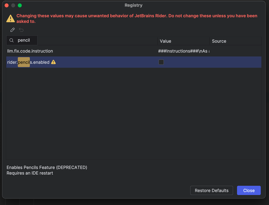 JetBrains Rider registry showing the pencils feature is disabled and deprecated.