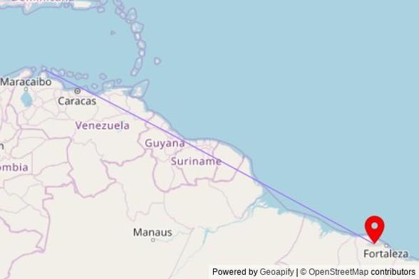 A map showing the great circle route from San Nicolaas in the Netherlands to a map pin at Igreja de Nossa Senhora Aparecida, Rua Sebastião Matias, Picos, Itapipoca - CE, 62508-370, Brazil