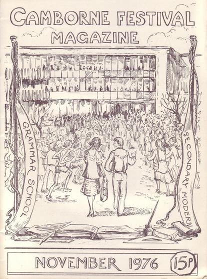 The front cover of the Camborne Festival Magazine for 1976. Plain white with title in black outline and an illustration of Camborne School and Community College, formerly the Treswithian Secondary Modern, at the time of the amalgamation of Treswithian Secondary Modern with Camborne Girls' Grammar School during the introduction of the Comprehensive School system that year.
