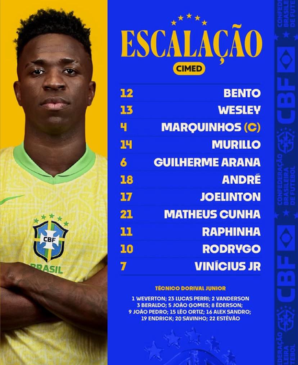 A imagem mostra um jogador de futebol da Argentina em ação, vestindo a tradicional camisa azul e branca com listras verticais, número 9 e o escudo da Associação Argentina de Futebol (AFA). Ele está com os braços levantados em comemoração, com um sorriso no rosto, e calçando chuteiras vermelhas vibrantes. Ao lado do jogador, há uma lista de nomes de jogadores e o treinador, com o título "FORMAÇÃO" em destaque. Os nomes incluem Dibu, Molina, Romero, Otamendi, Tagliafico, De Paul, Paredes, Enzo, Mac Allister, Almada e Julián, com Scaloni como o treinador (DT). No canto superior direito, os escudos da AFA e da Confederação Brasileira de Futebol (CBF) indicam um confronto entre as duas seleções. A palavra "Olé" está escrita na parte inferior direita, referindo-se ao jornal esportivo argentino.