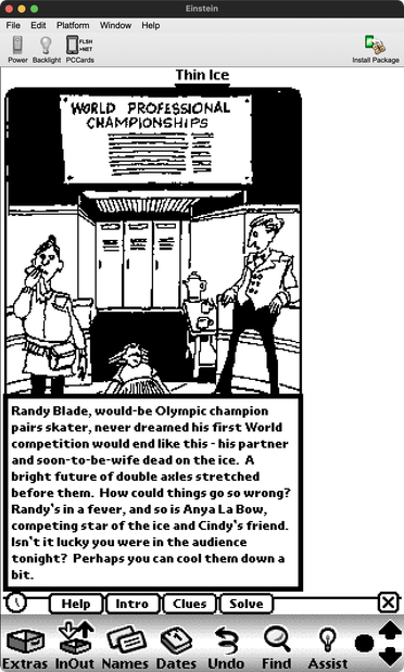 Demo version of "Columbo's Mystery Capers" running in the Einstein Apple Newton emulator.