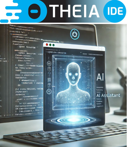 The picture of an AI Assistant with the Eclipse Theia IDE logo behind it