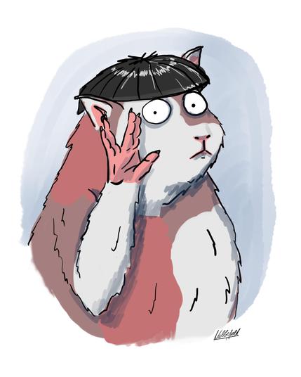 Ein Meerschweinchen mit Spock-Frisur blickt den Betrachter an und gestikuliert mit der linken Hand die typische Vulkanier-Geste, die der Schauspieler Leonard Nimoy für seine Rolle als Spock in der Serie "Star Trek" etabliert hatte.

A guinea pig with a Spock hairstyle glances at the viewer and gestures the typical Vulcan gesture with its left hand that actor Leonard Nimoy established for his role as Spock in the "Star Trek" series.