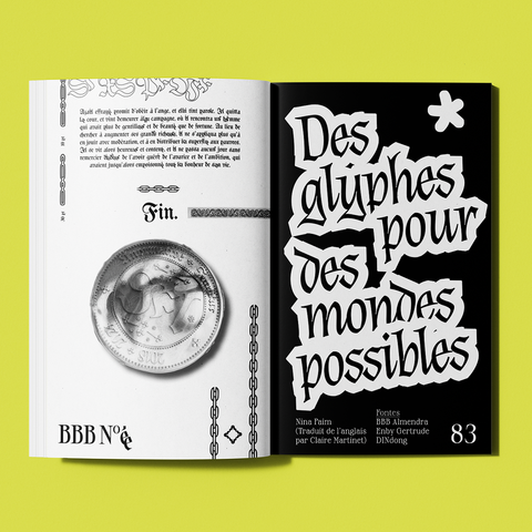 Double page présentant un la page de titre de l'article intitulé "Des glyphes pour des mondes possibles" de Nina Paim dans le numéro de la revue Bye Bye Binary.
