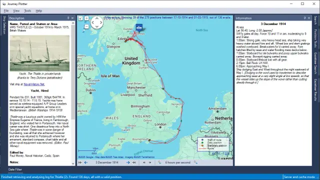 Screenshot of Journey Plotter showing the 1914-1915 journey of hired yacht HMS Thistle (2), with the additional positions, and the events recorded in her log-book for 3 December 1914.