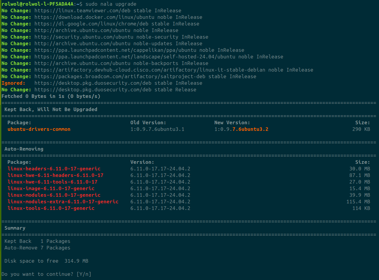 Output example of nala, showing output similar to dnf.
