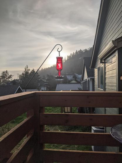A hanging red hummingbird feeder back light by the sunset with a fabulous hilly treeline behind it. I mean, it's prime bird happy hour location, near a Ridiculous Water Feature
