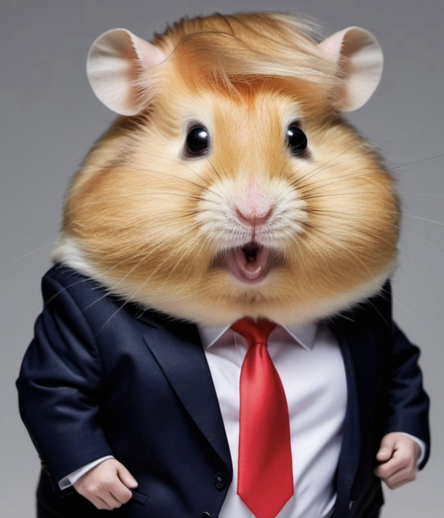 AI image of a hamster in a suit looking like Mr. Trump. 