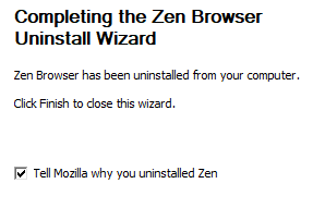 Checkbox titled "Tell Mozilla why you uninstalled Zen"