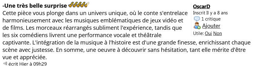 Screenshot d'un commentaire élogieux dont le texte original se trouve ici : https://www.billetreduc.com/367013/evtcrit.htm 