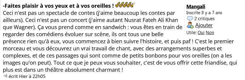 Screenshot d'un commentaire élogieux dont le texte original se trouve ici : https://www.billetreduc.com/367013/evtcrit.htm 