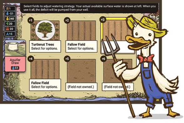 Screenshot of the game "Cozy River Valley", showing a duck farmer character in the foreground and the gameplay view of a farm with six farm plots in the background.
