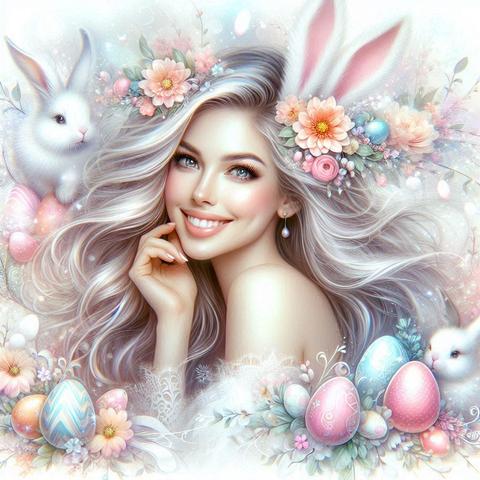 A whimsical, pastel-toned digital illustration of a smiling woman with long, flowing silver-blonde hair adorned with soft pink and peach flowers, pearls, and Easter eggs. She wears fluffy pink bunny ears and is surrounded by white bunnies, more Easter eggs, and floral decorations. The scene has a dreamy, magical atmosphere with sparkling light effects, creating a festive and enchanting Easter theme.