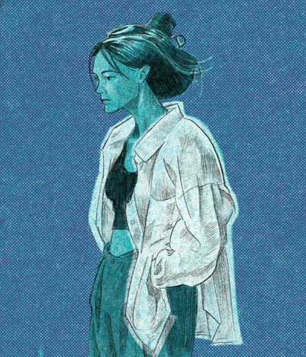 A sketch of a woman in a loose white collared shirt. Her hands in her pocket, she looks off into the distance solemnly. 