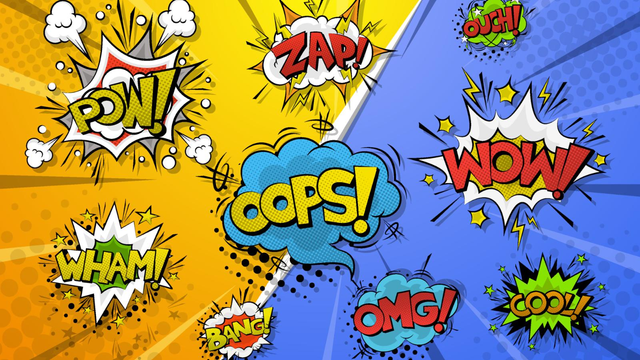 Imagen estilo comic con nueve burbujas de diálogo con onomatopeyas como: oooops!, pow! y más. 