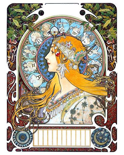 Zodiac & Woman Wearing Crown & Necklace 1896 Alphonse Marie Mucha