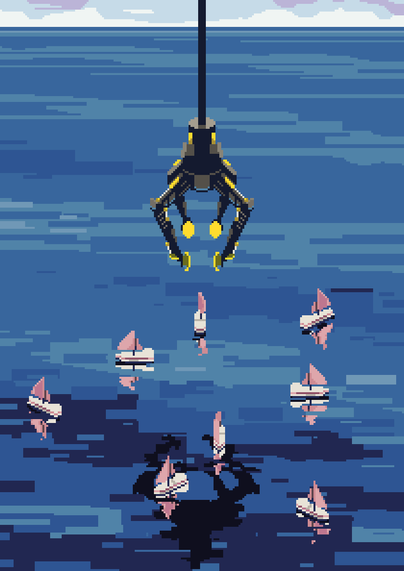 Eight small sailboats all facing a different direction in the ocean. There is a massive robotic crane arm coming down from the sky presumably to pick up the boats.