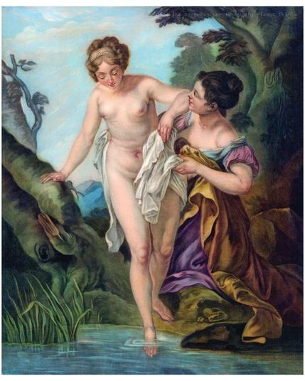 Nude Woman Assisted by Another Into Water Outdoors 1780 François Lemoyne