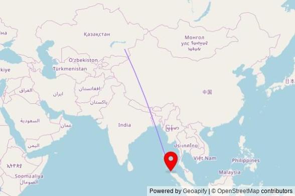 A map showing the great circle route from Tekeli in Kazakhstan to a map pin at Gereja GPIB, Jalan Diponegoro, Sabang 24411, Aceh, Indonesia
