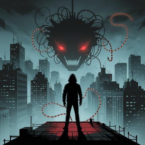 A dark, futuristic cityscape at night with tall buildings silhouetted against a misty sky. In the foreground, a hooded figure stands on a rooftop, facing away from the viewer. Above them looms a menacing, shadowy creature with glowing red eyes and sharp teeth, its form made of tangled wires and cables that extend outward. The scene is illuminated with a mix of red and blue tones, creating a tense, cyberpunk atmosphere.


