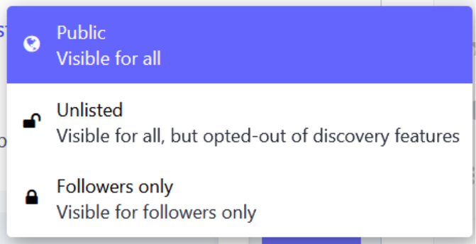 De boost opties in de Mastodon app Tusky voor Android telefoons: public, unlisted en followers only met de uitleg. Unlisted betekent dat de boost niet wordt geindexeerd, dus niet te vinden met een zoekopdracht. Een extra privacy optie.