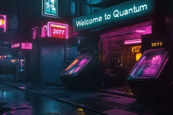 Neon-lit cyberpunk street entrance with a glowing sign reading ‘Welcome to Quantum,’ building number 2077 etched in sleek metal.