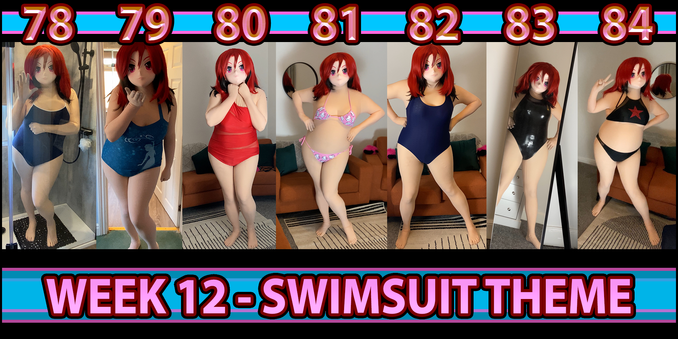 Kara Kig in 7 different outfits from day 78 to 84. 7 swimsuits from left to right, a basic blue one in the shower, a disney frozen one, red single shoulder, Hello kitty bikini, blue scaley rough one, an awesome black shiny one and a 2 piece with a red star on it.