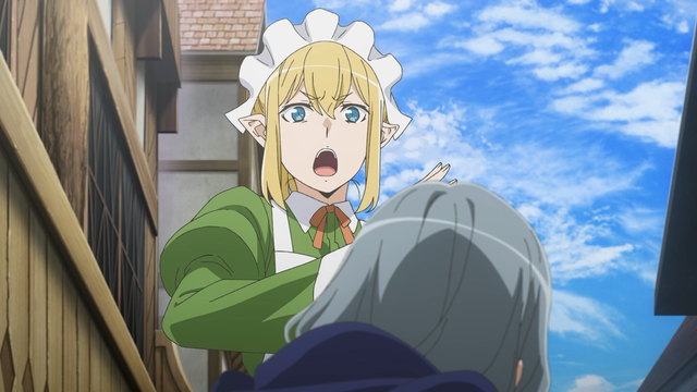 Ryuu slapping Syr from the anime series Is It Wrong to Try to Pick Up Girls in a Dungeon? V Episode 15.
