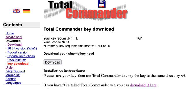 An old school page saying that I've bought Total Commander