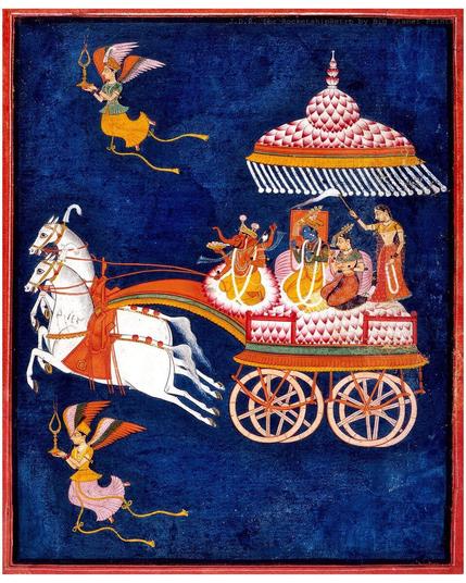 Krishna & Rukmini in a Celestial Chariot Driven by Ganesha