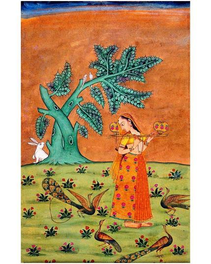 Woman with Musical Instrument & Peacocks, Sorathi Ragini, Ragamala 1775