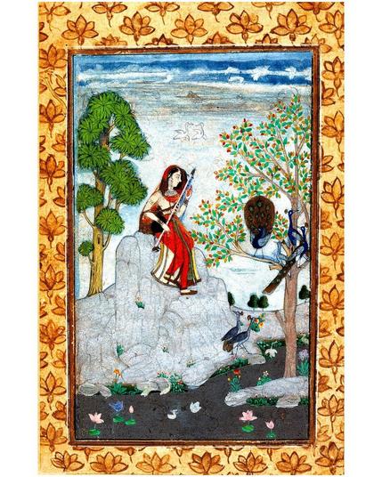Indian Woman Playing Musical Instrument with Peacocks, Kakubha Ragini, Ragamala 1725