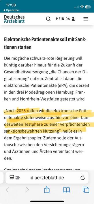 Screenshot aus verlinktem Artikel. Hervorgehobene Passage: „Noch 2025 rollen wir die elektronische Patientenakte stufenweise aus, hin von einer bundesweiten Testphase zu einer verpflichtenden sanktionsbewehrten Nutzung“