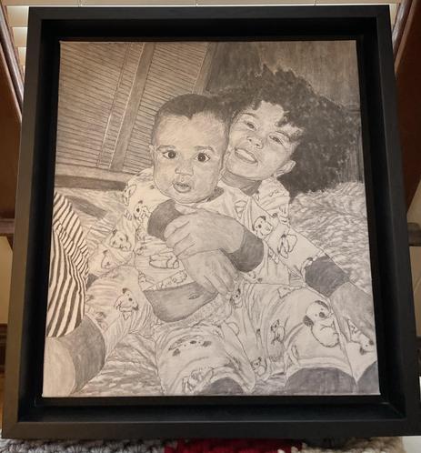a painting of two small children, an older sister with dark curly hair and her cute brother, she is smiling , hugging him from behind, theyre wearing matching pajamas with cartoon koalas on them, theyre on a bed, a window with blinds drawn is behind them 