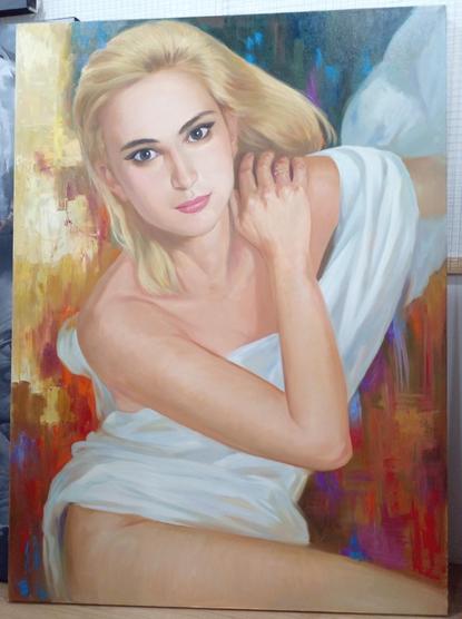 a painting of a slender blonde woman wearing a white fabric over her torso, looking at the viewer, the background is red and orange and white tones 