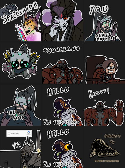 Collage of several different stickers Depicting different memes, like the willem dafoe smoking one, the "yes this is dog" meme, the "aliens guy" meme... but all of them showcasing different starcraft-themed characters; a protoss construct, a terran sniper, a marine in crinsom armor, a protoss zealot heretic, and then tobi kadachi from monster hunter???? and an astral dragon as the pointing soyjak.