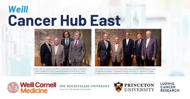 Photo 1 Left to right: Dr. Jedd Wolchok (Weill Cornell Medicine), Sanford I. Weill (Weill Family Foundation), Dr. Sohail Tavazoie (Rockefeller University), Dr. Joshua Rabinowitz (Princeton University and Ludwig Institute for Cancer Research)
 
Photo 2 Left to right: Dr. Richard Lifton (The Rockefeller University), Sanford I. Weill (Weill Family Foundation), Christopher L. Eisgruber (Princeton University), Dr. Jonathan C.A. Skipper (Ludwig Institute for Cancer Research), Dr. Robert A. Harrington (Weill Cornell Medicine)