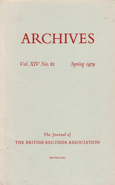 The front cover of Archives: The Journal of the British Records Association No 61 for Spring 1979. Plain pale grey with title in deep red.